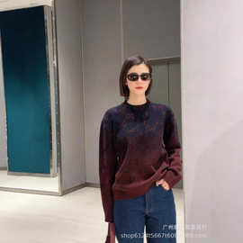 高版本G家4fw渐变双G满印提花圆领针织基础百搭宽松破洞男女毛衣