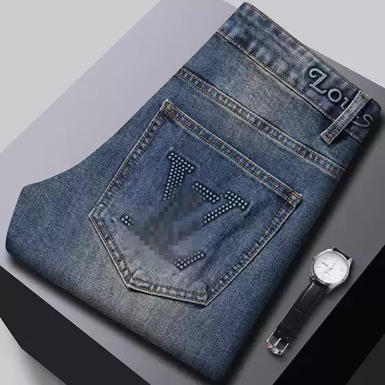 Guangzhou Xintang Men's Jeans Korean Style Slim Fit Tapered Leg Cross-border Trade Autumn Print Washed Original Tag American Pants