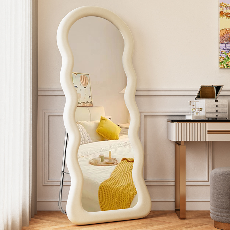 クリームスタイル全身鏡フレンチウェーブ全身フロアミラードレッシングミラーホームベッドルームフィッティングミラーリビングルーム大型ミラー