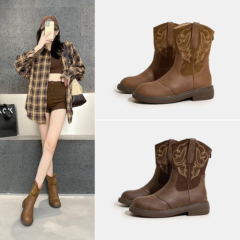 Martin Boots for Women, Retro Short Boots, 2025 Autumn European and American Style Embroidered Western Cowboy Riding Boots, Petite Riding Boots Martin Boots for Women, Retro Short Boots, 2025 Autumn European and American Style Embroidered Western Cowboy Riding Boots, Petite Riding Boots