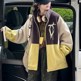 女童加绒外套冬季2025新款中大儿童装洋气加厚保暖奥利绒拼色风衣