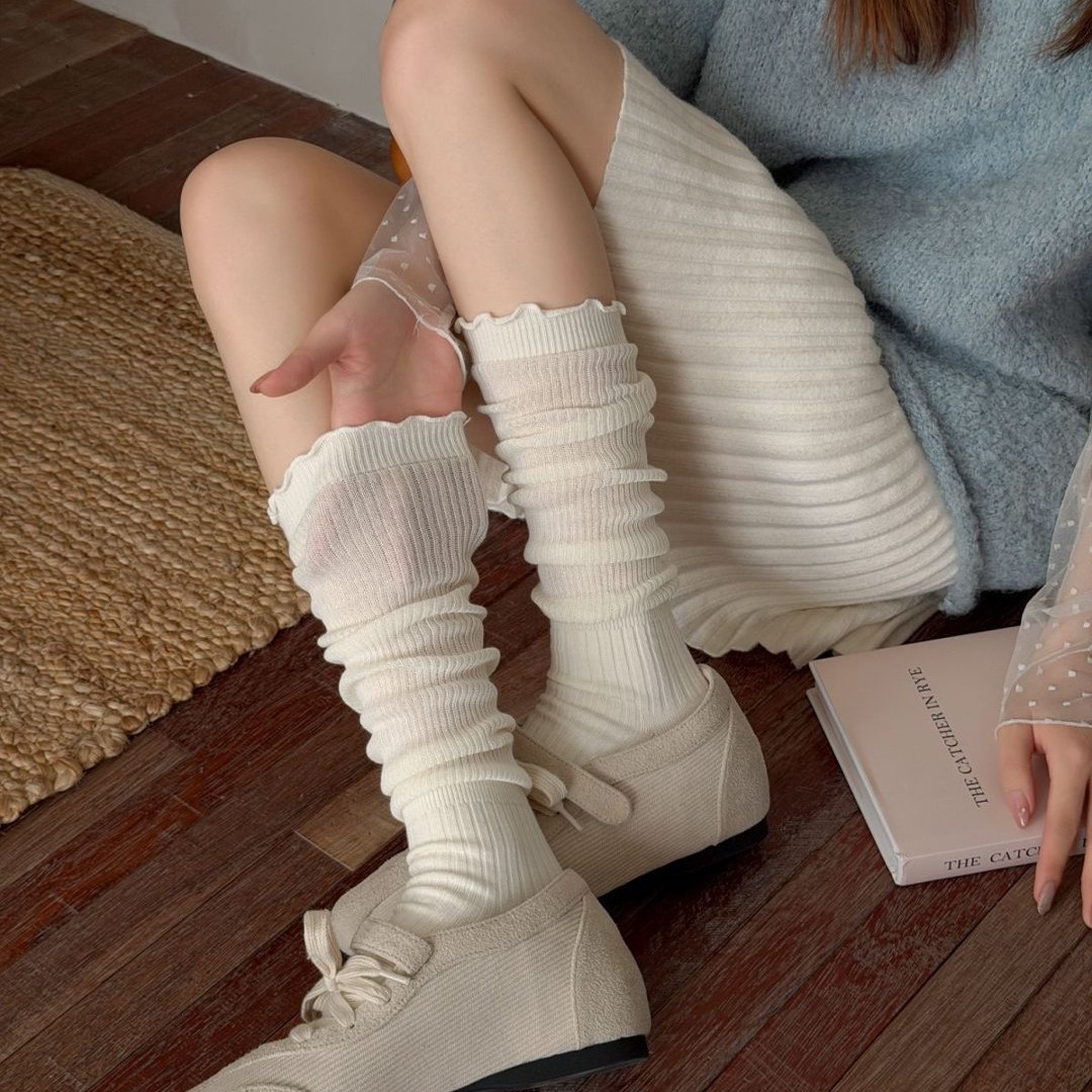 Ballet-style Miu-style spring and autumn double-needle calf socks for outer wear, JK slimming, with ruffled edges, suitable for boots, long stacked socks