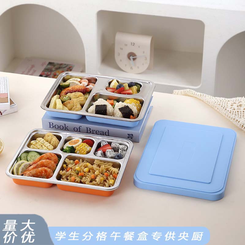 304 Stainless Steel High Temperature Resistant Three-Compartment and Five-Compartment Anti-Scalding Student Dinner Plate with Lid for Central Kitchen, Microwaveable