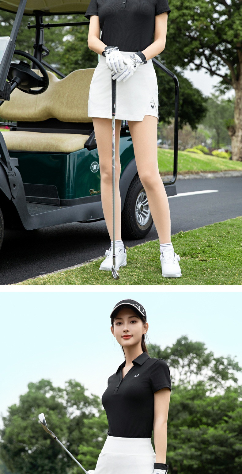 Bộ váy ngắn golf nữ tay ngắn cổ chữ V — QZ114-Váy ngắn màu hồng [Váy hơi xẻ/dệt kim đàn hồi cao/dài chân], QZ114-Váy ngắn màu đen [Váy hơi xẻ/dệt kim đàn hồi cao/dài chân] QZ114, YF781-Áo đen [Hàn Quốc cổ chữ V/đàn hồi cao và mềm mại/mỏng và thoáng khí], QZ114-Váy trắng [Váy hơi xẻ/dệt kim đàn hồi cao/dài chân] chi tiết 8