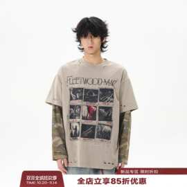 秋季美式复古假两件长袖T恤男女休闲宽松痞帅高级感迷彩拼接上衣
