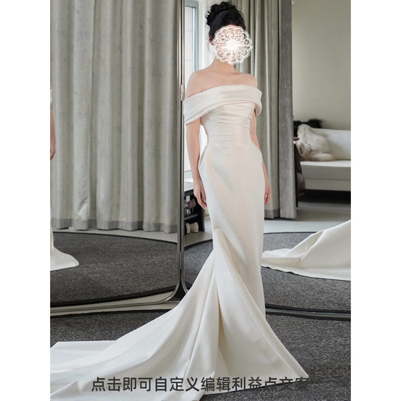 2026 New Style Satin Light Wedding Dress for Brides, Off-Shoulder Mermaid Gown, Korean-Style Simple Formal Dress