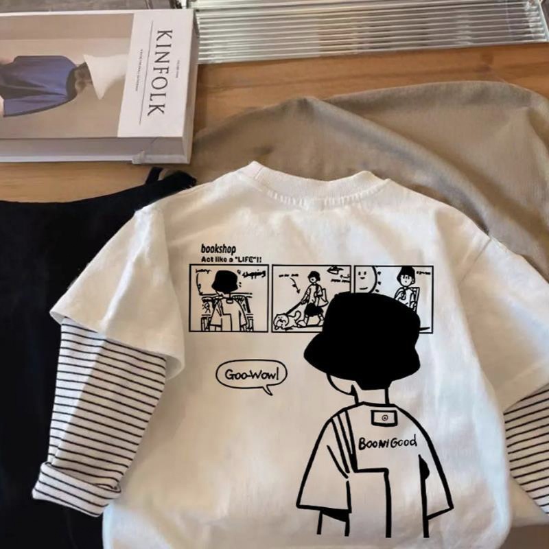 Children's Autumn New Style Faux Two-Piece Long-Sleeved T-Shirt Boys' Stylish Top for Medium and Large Children