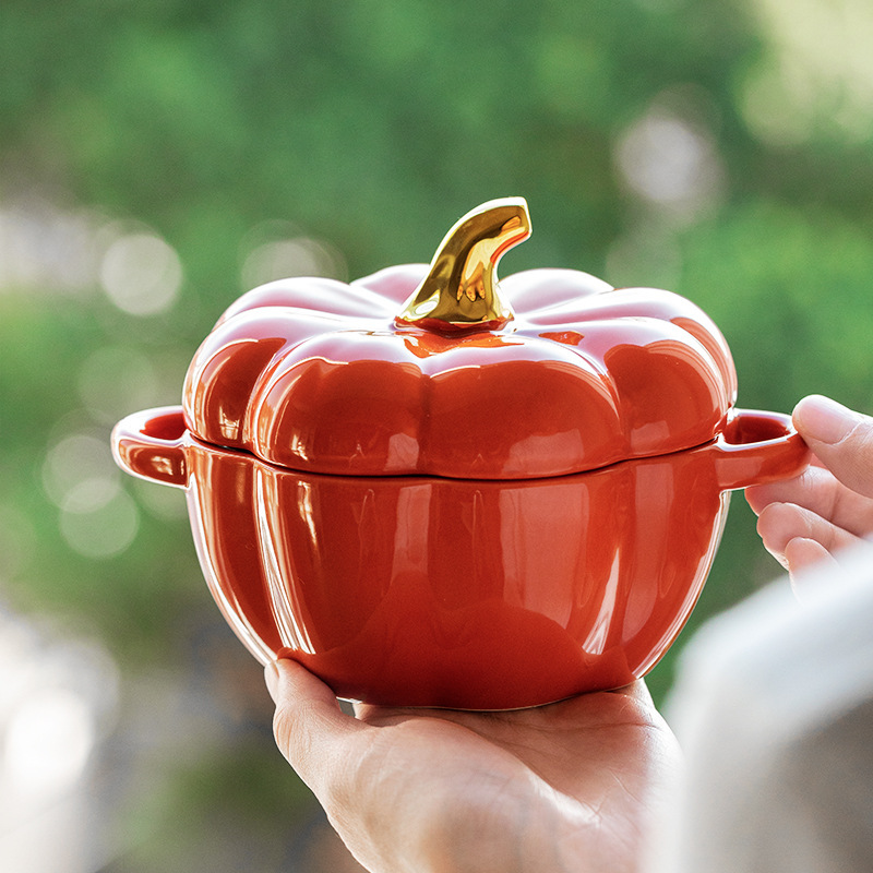 Unceramic Creative Cute Pumpkin Soup Cup with Lid Baking Bowl Ceramic Rice Bowl Baking Tableware Dessert Soup Bowl Water-Proof Stew Pot