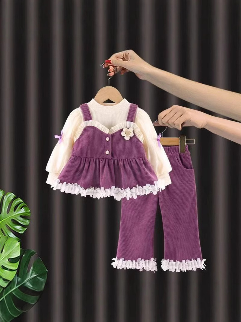 Girls' Spring and Autumn Outfit 2026 New Style Children's Clothing Casual Pants Three-Piece Set Baby Princess Strap Dress
