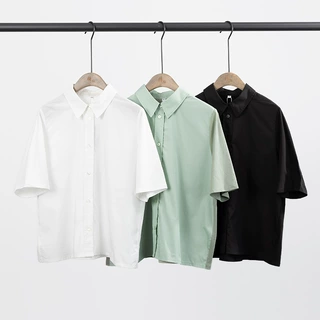 素町夏款短袖衬衫韩系休闲男友风慵懒针梭织拼接co.s衬衣