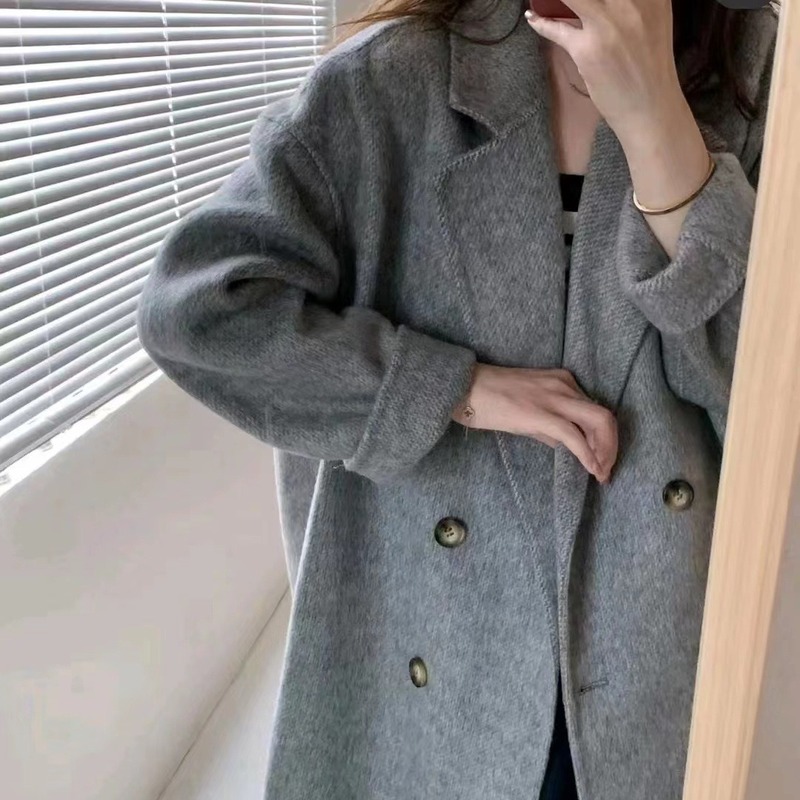 灰色韩系双面羊绒大衣女新款秋冬高级感羊毛外套小个子中长款|undefined