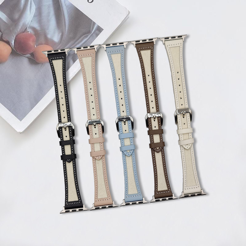 Suitable for Apple Watch Apple iWatch Strap 22 New Small Waist Genuine Leather Inlaid Canvas Iwatch8 Watch