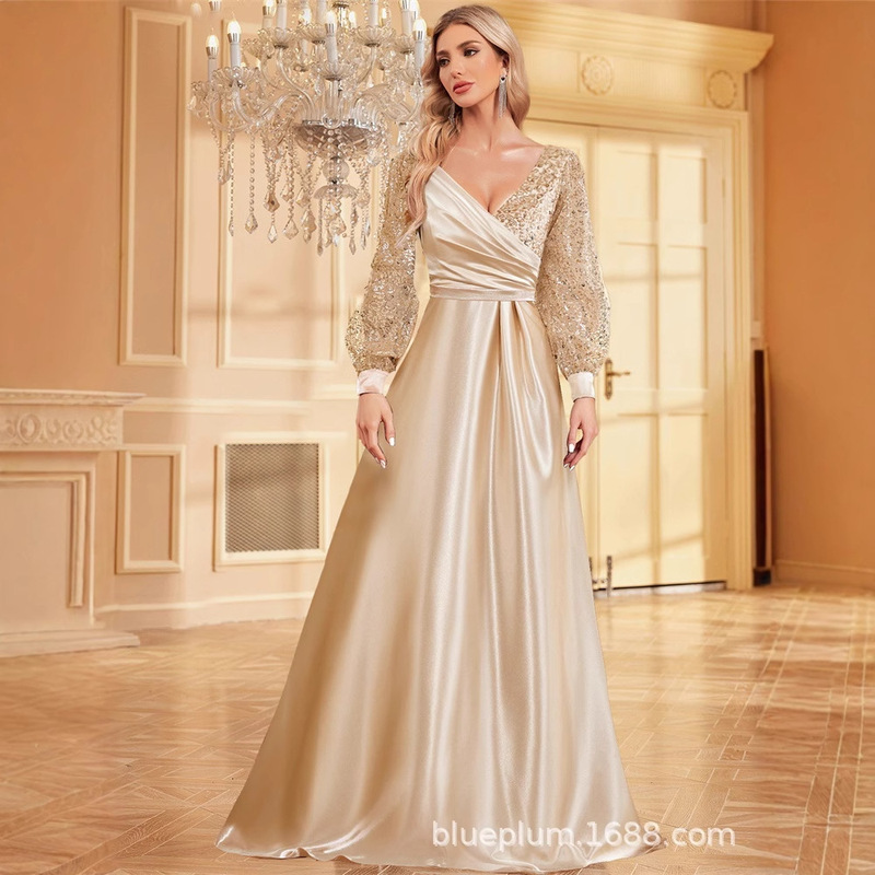 New Amazon European and American Satin V-neck Long Sleeve dress Sequin Long Dress Fishtail Bead Banquet Evening Dress Women