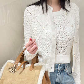 高定菱格纹镂空钩花针织长袖开衫25年新款香风气质减龄毛衣外套女