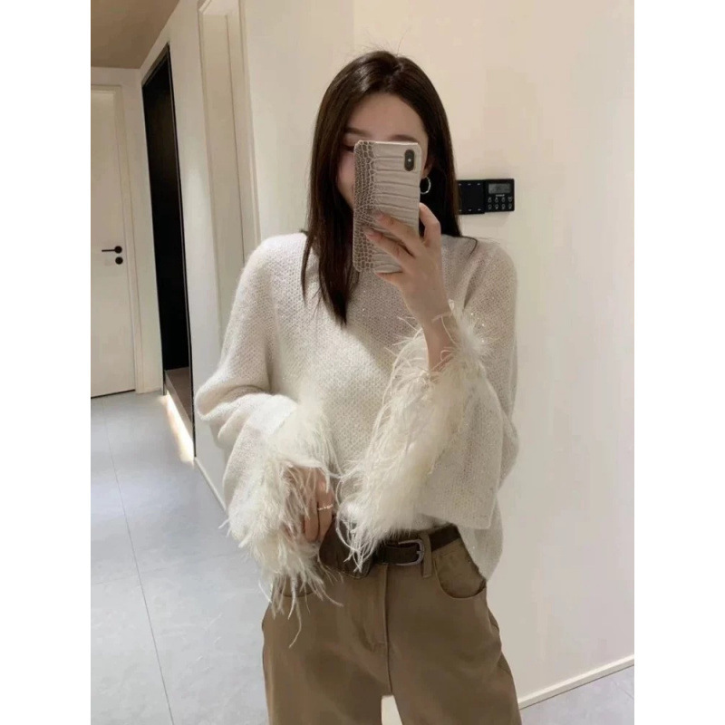 手工鸵鸟毛小香风针织衫上衣女设计感气质超仙圆领毛衣女|undefined