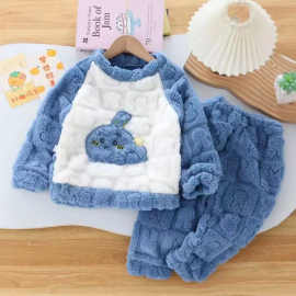 跨境女童冬天法兰绒套装儿童保暖珊瑚绒睡衣女日系卡通家居服批发