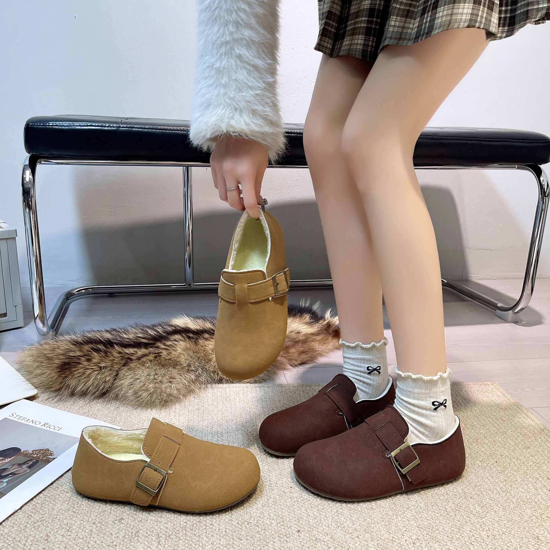 2026 invierno nuevo tipo de damas con una base plana y terciopelo calentador Bocken zapatos para mujeres image 5