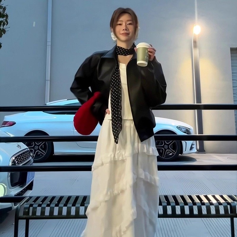 美式复古黑色皮衣外套女秋季新款高级感拉链短款机车服pu皮夹克潮|undefined