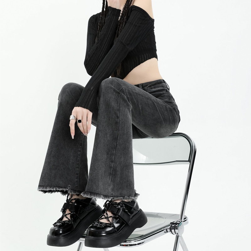 Grey Micro-Lar Jeans Women's Autumn and Winter High Waist Slim-fit Horseshoe Pants Small Stretch Rag Trumpet Pants Spring and Autumn