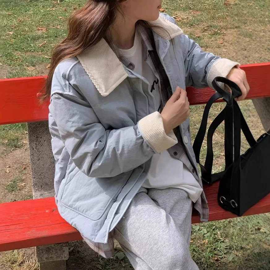 Куртка-пуховик с контрастными лацканами из вельвета, осень-зима 2024, новая высококачественная свободная куртка в корейском стиле, простая модель