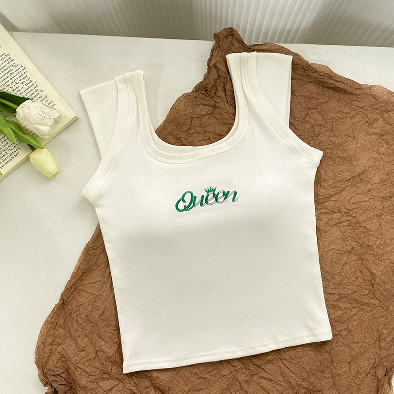 純綿の刺繍文字、小さなフライングスリーブ、外でも着用できるベスト、ファッショナブルなラウンドネック、オールインワンの固定カップ、快適、カジュアル、多用途|undefined