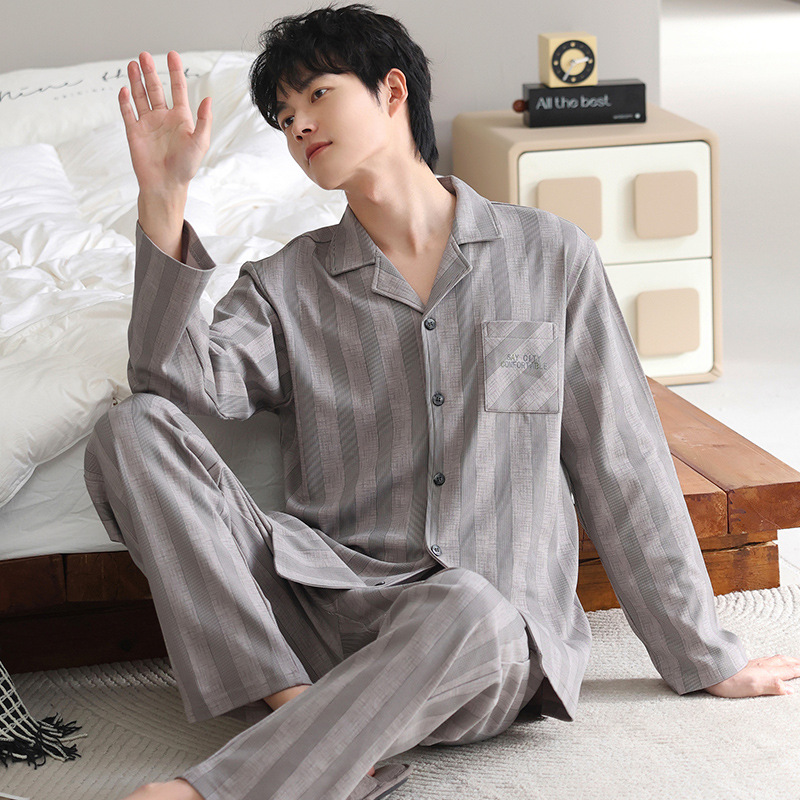 ZHUOJIA 잠옷 남성 봄, 가을 순면 긴팔 옷깃 가디건 홈웨어 남성 단순 면화 정장 청소년
