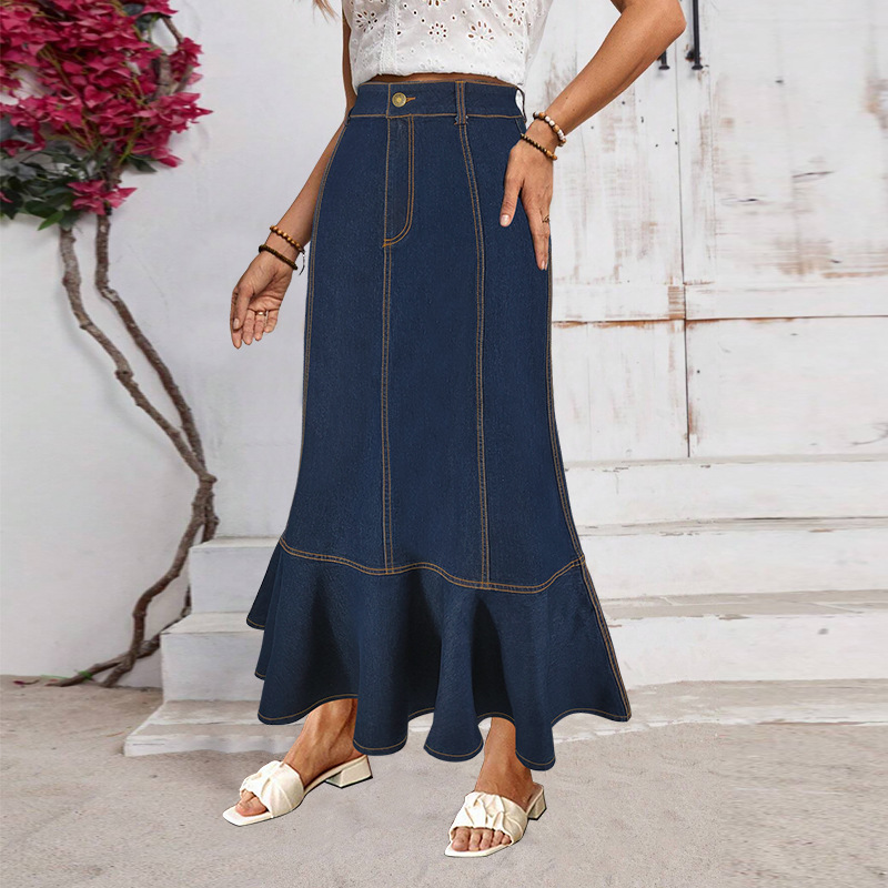 Women's Button-Down Denim Mermaid Skirt, Stretchy Washed Denim Maxi Skirt With Flared Hem, Elegant Tailored Fit_ecoleips.com