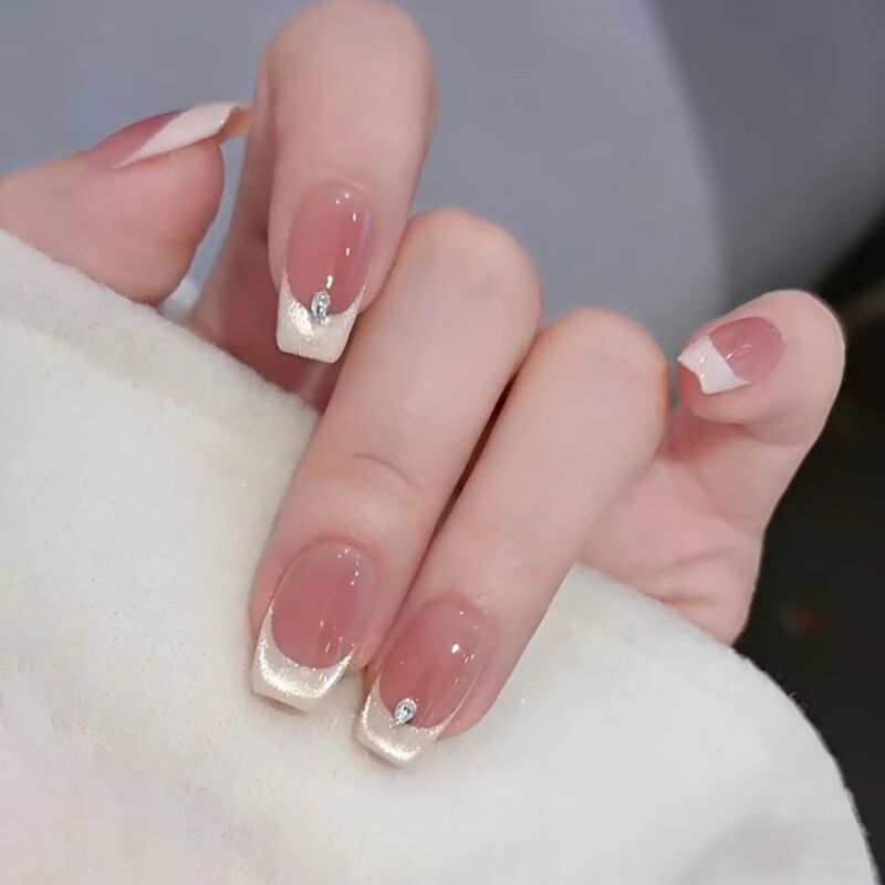 Simple White Cream French-Style Nude Blush with Crushed Diamonds, Gentle and Girly Feel, Pure Handmade Wearable Nail Tips Wholesale Simple White Cream French-Style Nude Blush with Crushed Diamonds, Gentle and Girly Feel, Pure Handmade Wearable Nail Tips Wholesale