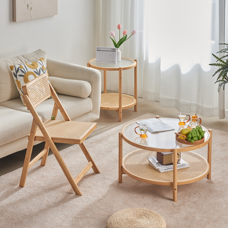 Mesa de centro de vidrio de ratán de madera maciza redonda de estilo japonés, sala de estar, hogar, apartamento pequeño, sofá minimalista moderno, mesa de té pequeña