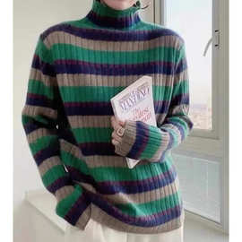 高领套头条纹毛衣女打底衫秋冬新款显瘦长袖内搭上衣拼色针织衫女