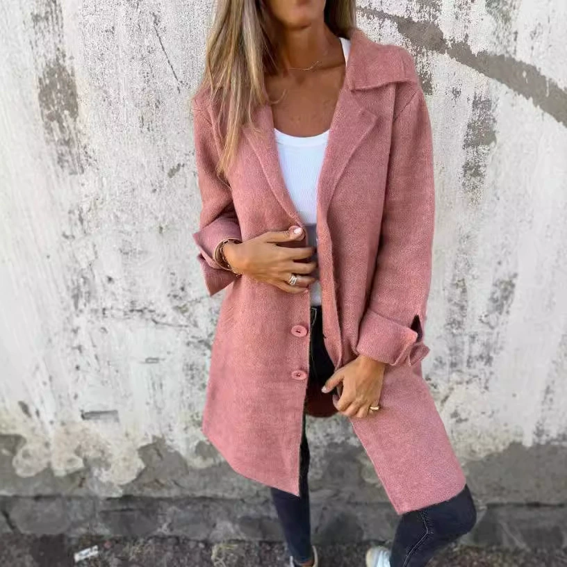 2024 осень и зима Amazon трансграничный новый женский сплошной цвет отворот с карманным кардиган