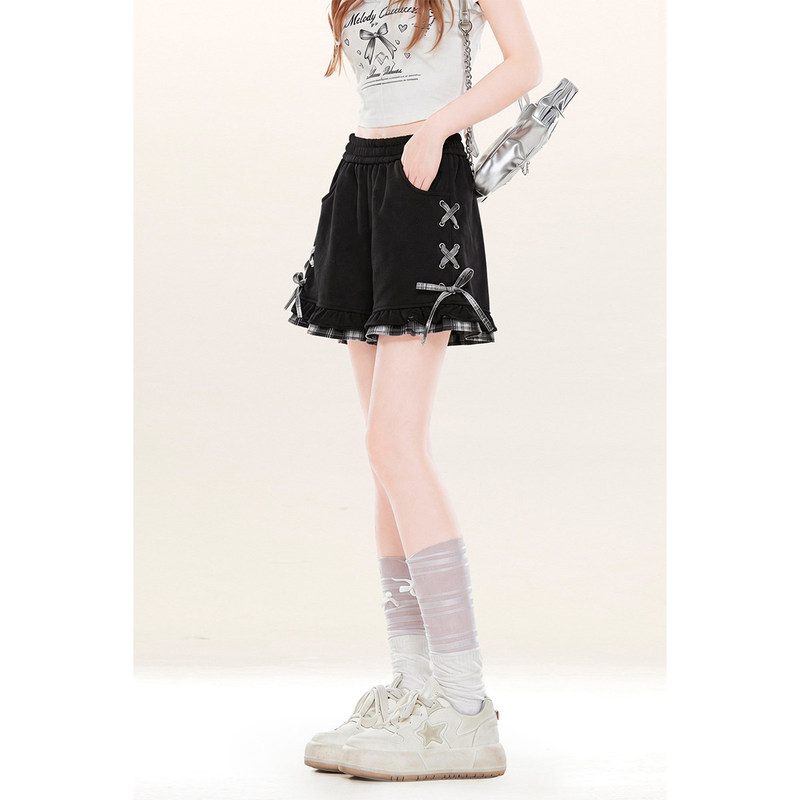 Natural Style Black Casual Sports Shorts for Women, New Summer Plaid Patchwork Loose Slimming Hot Pants Natural Style Black Casual Sports Shorts for Women, New Summer Plaid Patchwork Loose Slimming Hot Pants