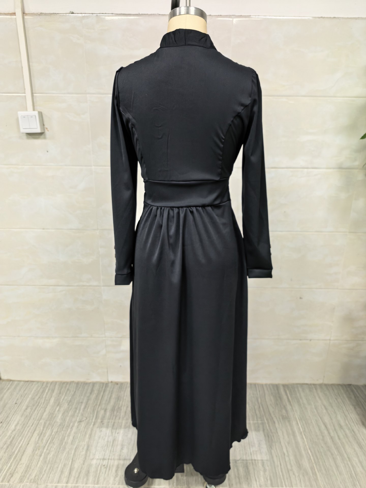 Elegant Waist Cinching V Neck Puff Sleeve Dress Full Skirt Women's Clothing_ecoleips.com