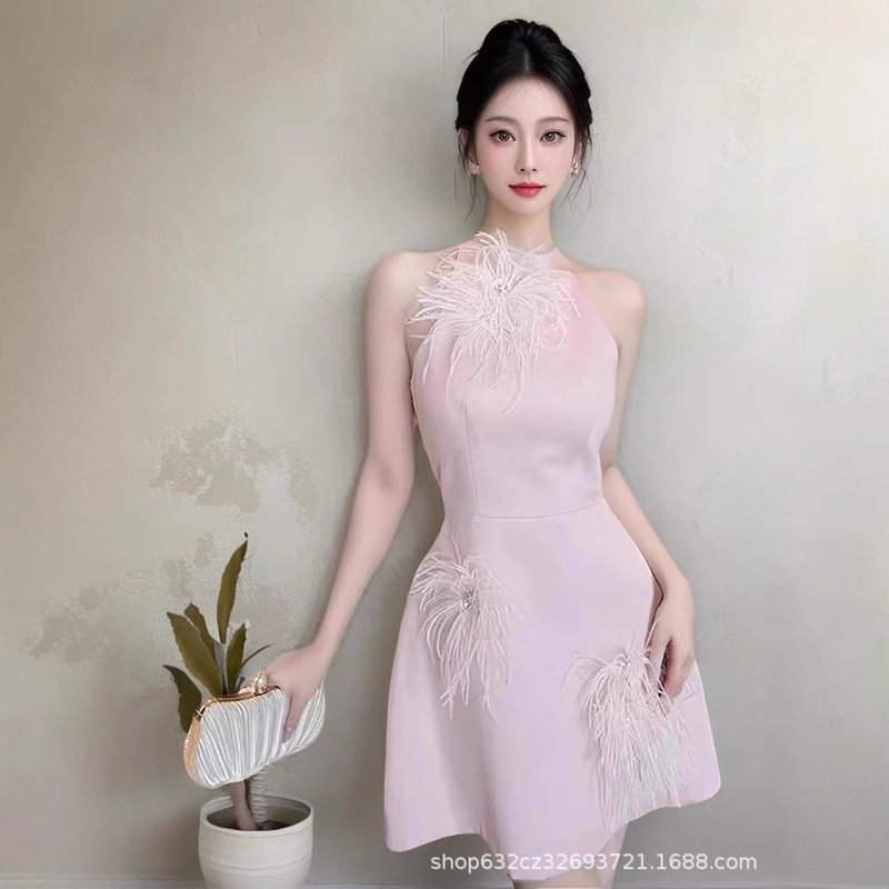 Pink Gentle Style Sleeveless dress Women's Autumn High-end Feeling Temperament Socialite Light Luxury Feather Stitching Dress Pink Gentle Style Sleeveless dress Women's Autumn High-end Feeling Temperament Socialite Light Luxury Feather Stitching Dress