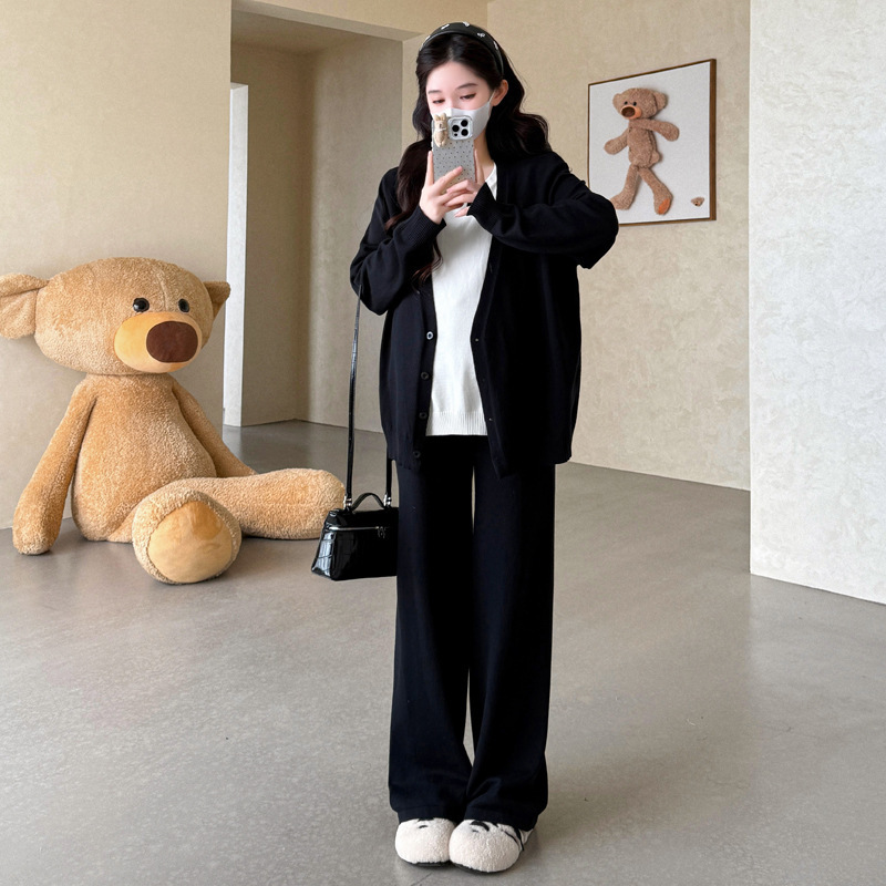 孕妇装秋季潮妈时尚假两件开扣拼接针织毛衣慵懒复古减龄宽松套装|undefined