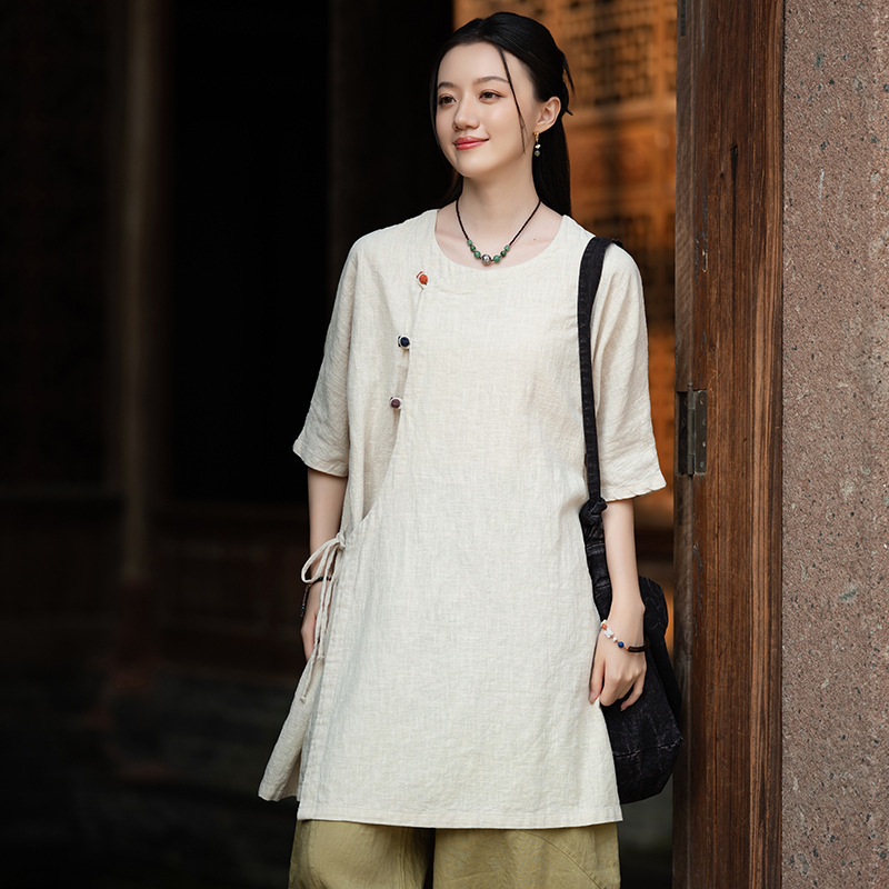 26 Summer New Style Chinese Zen Robe with National Style Diagonal Collar, Color-Blocked, Buttoned Ramie Zen Tea Wear Top Dress