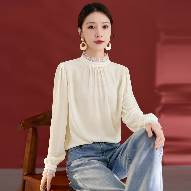 Silk Velvet Autum New French Style Stand-Up Collar Pleated Fashion Lace Pullover Long-Sleeved Top for Women 1873