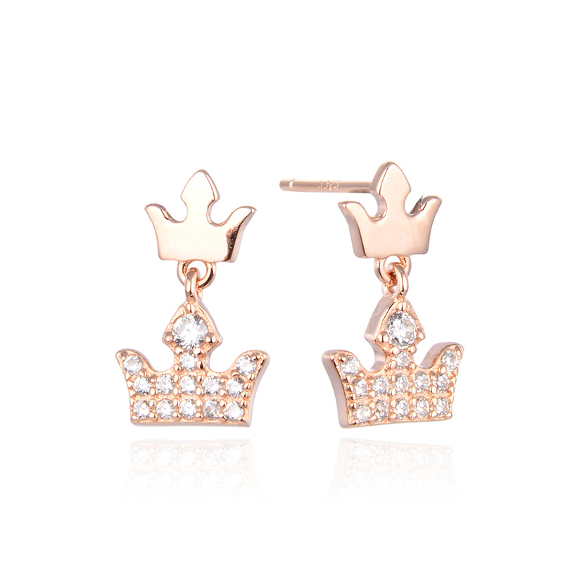 S925 plata esterlina pequeña corona pendientes elegante diseño simple sentido de gama alta pequeños exquisitos pendientes de oro rosa pendientes para las mujeres