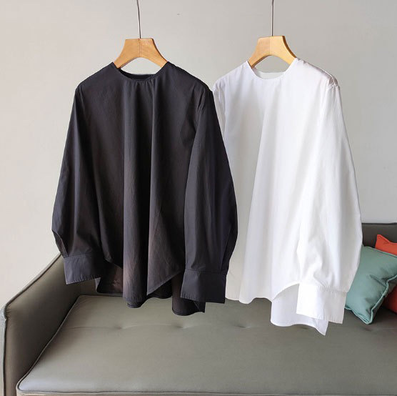 Ready-Made Fashionable and Casual ~ Loose and Comfortable Round Neck Long-Sleeved Pure Color Women's Shirts Are Slim and Stylish