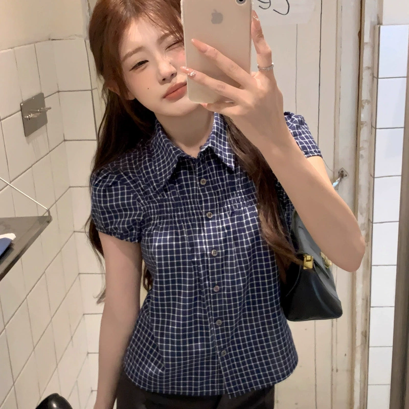 Женская клетчатая рубашка с короткими рукавами в японском стиле, летняя рубашка-бебидолл с воротником-поло в стиле ретро, ​​тонкая блузка с короткими пышными рукавами, топ