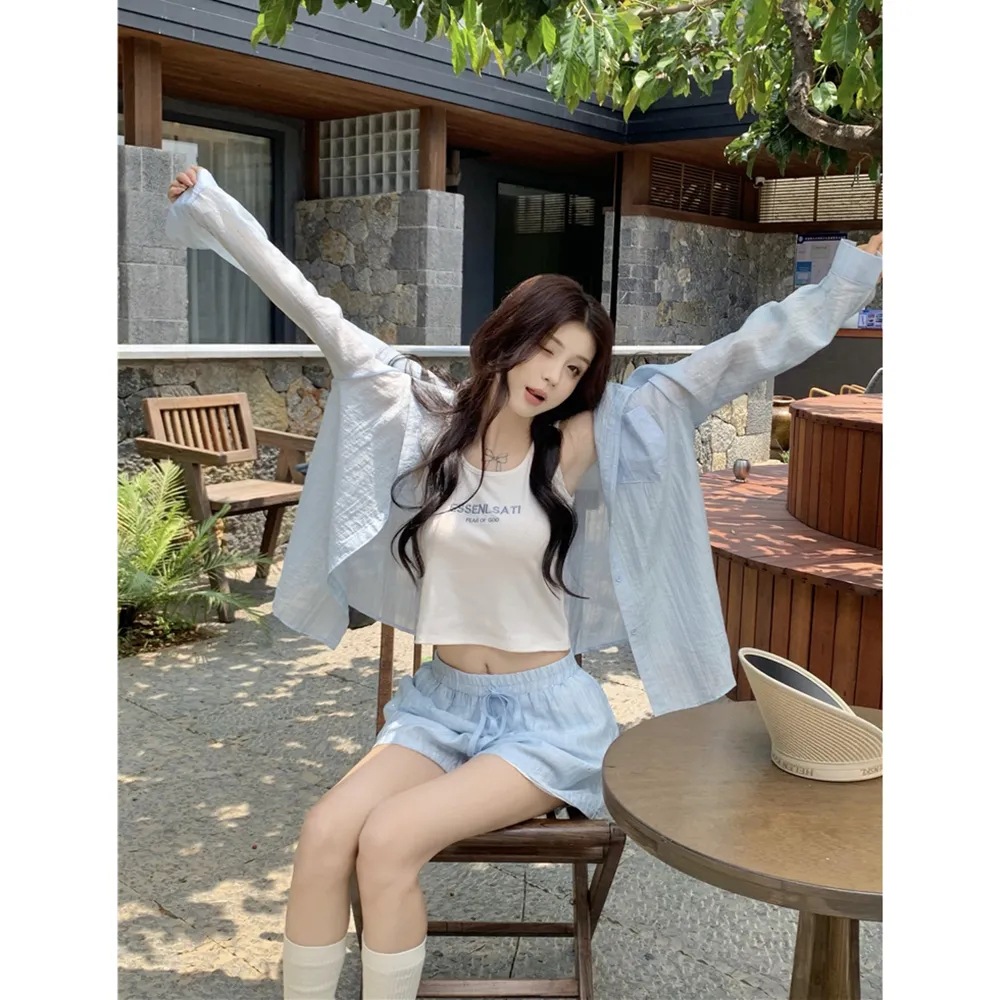 캐주얼 패션 세트 여성 중공업 Sequin 셔츠 여성 편지 인쇄 조끼 봄과 여름 다리 바지 반바지 3 종 세트