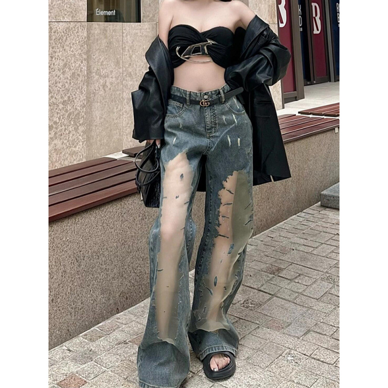 Tall Design Niche Hollow Ripped Jeans for Women 2025 New Retro Gradient Bootcut Pants