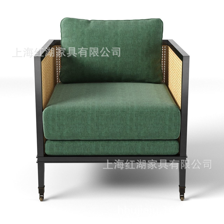 实木藤编软包单人休闲沙发星级酒店大堂会议室接待洽谈沙发|ru