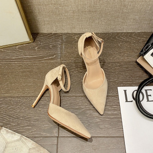 New stiletto heel pointed toe hollow high heel shoes shallow mouth strap Korean fashion suede women's shoes closed toe women's sandals