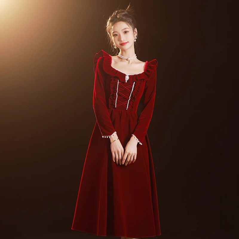 Toast dress bride small engagement dress can be worn at ordinary times wine red high-grade velvet long sleeve slimming women