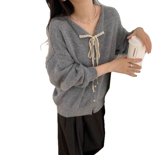 2025 Korean-style belt lace collar sweater women's autumn and winter new versatile soft and fluffy knit base jacket