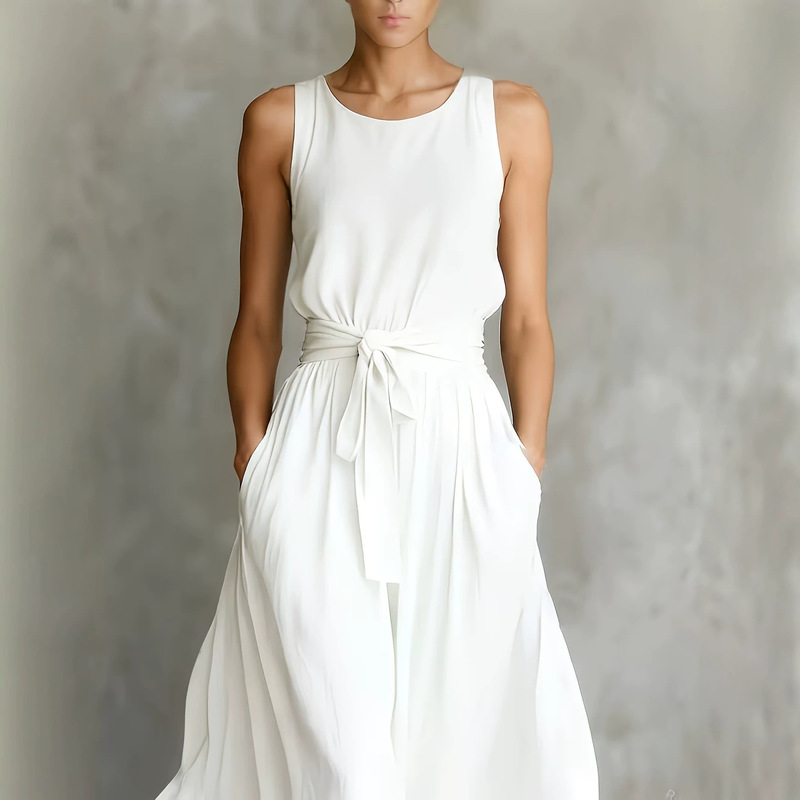 Elegant white sleeveless dress for women, with a cinched waist and tie belt, long skirt with a large hem, suitable for work and vacation, slimming effect Elegant white sleeveless dress for women, with a cinched waist and tie belt, long skirt with a large hem, suitable for work and vacation, slimming effect