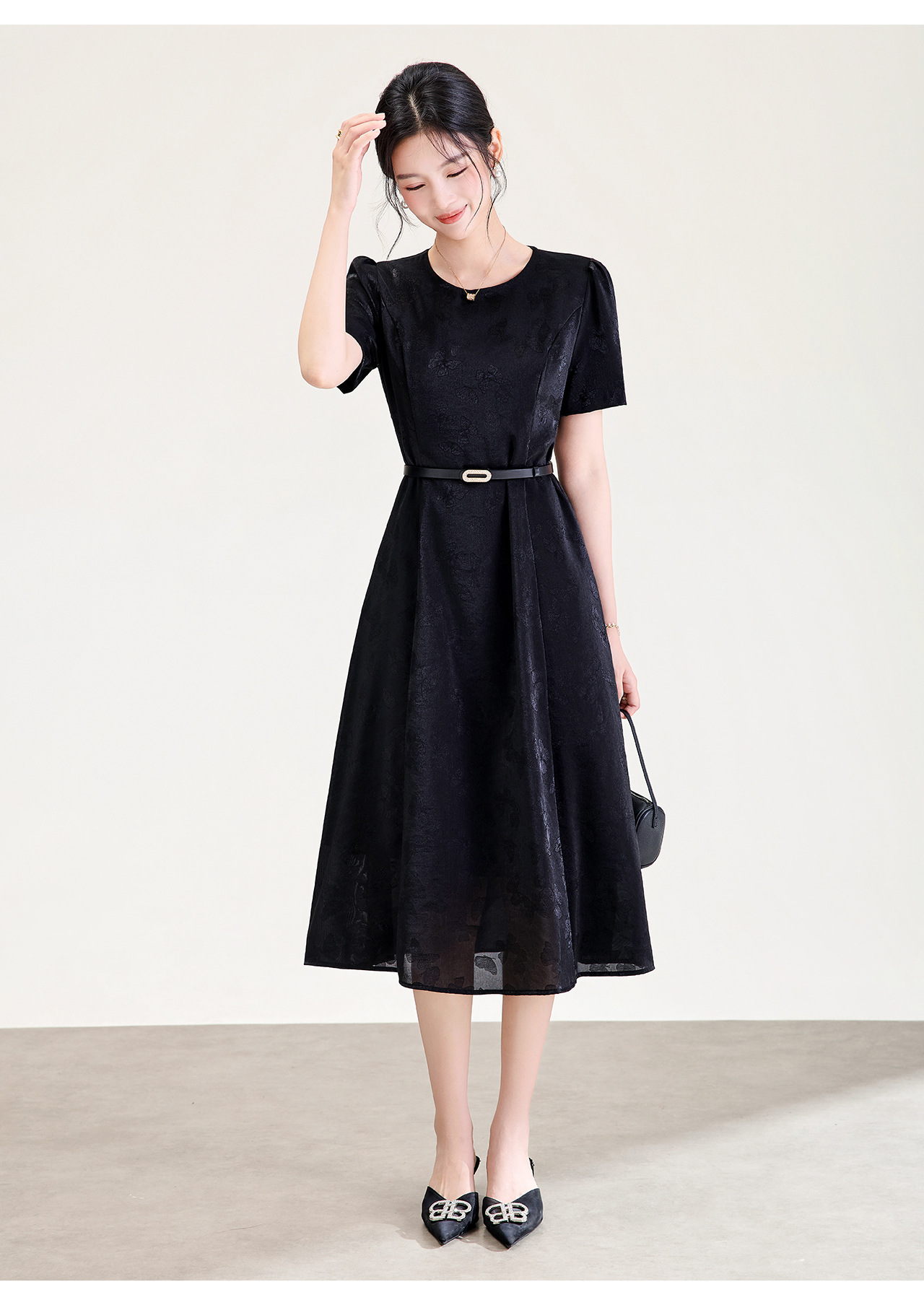 Đầm maxi nữ thắt eo họa tiết bướm jacquard kiểu Pháp — màu be chi tiết 19