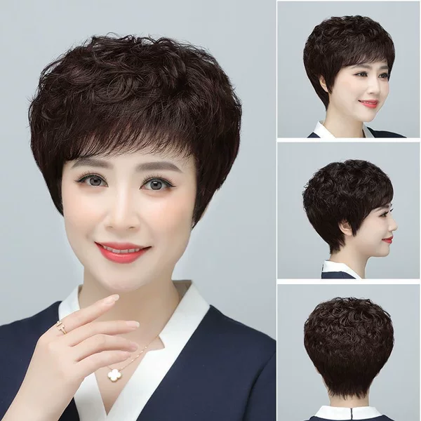 Wig Real Hair Real Hair Women's Full Head Cover Full Hand-Woven Short Curly Hair for Middle-aged and Elderly Mother's Hair Cover Natural Real Hair