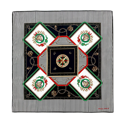 2021春裝飾印花現貨平紋女條紋指南針小方巾時尚高級感黑色絲巾